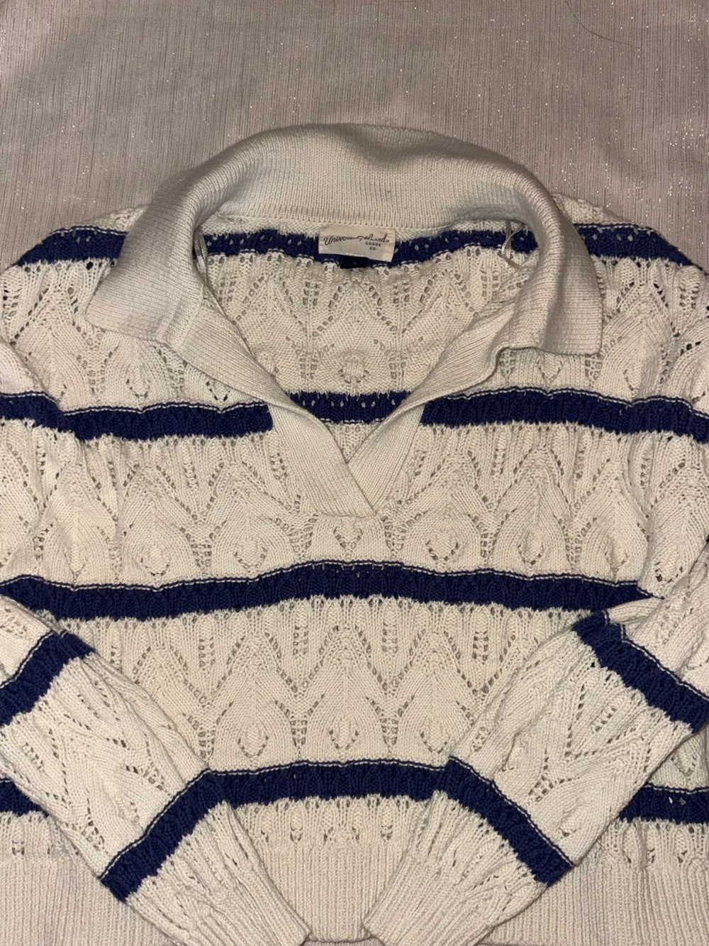 Universal Thread White Open-Knit Polo Sweater with Navy Stripes